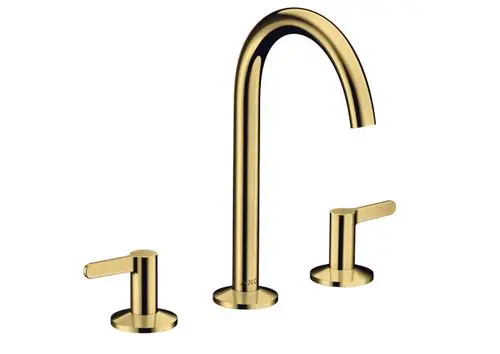 Waschtischarmatur mit drei Löchern in Polished Gold Optic, bestehend aus einer hohen Armatur und zwei Griffen, gefertigt von AXOR.